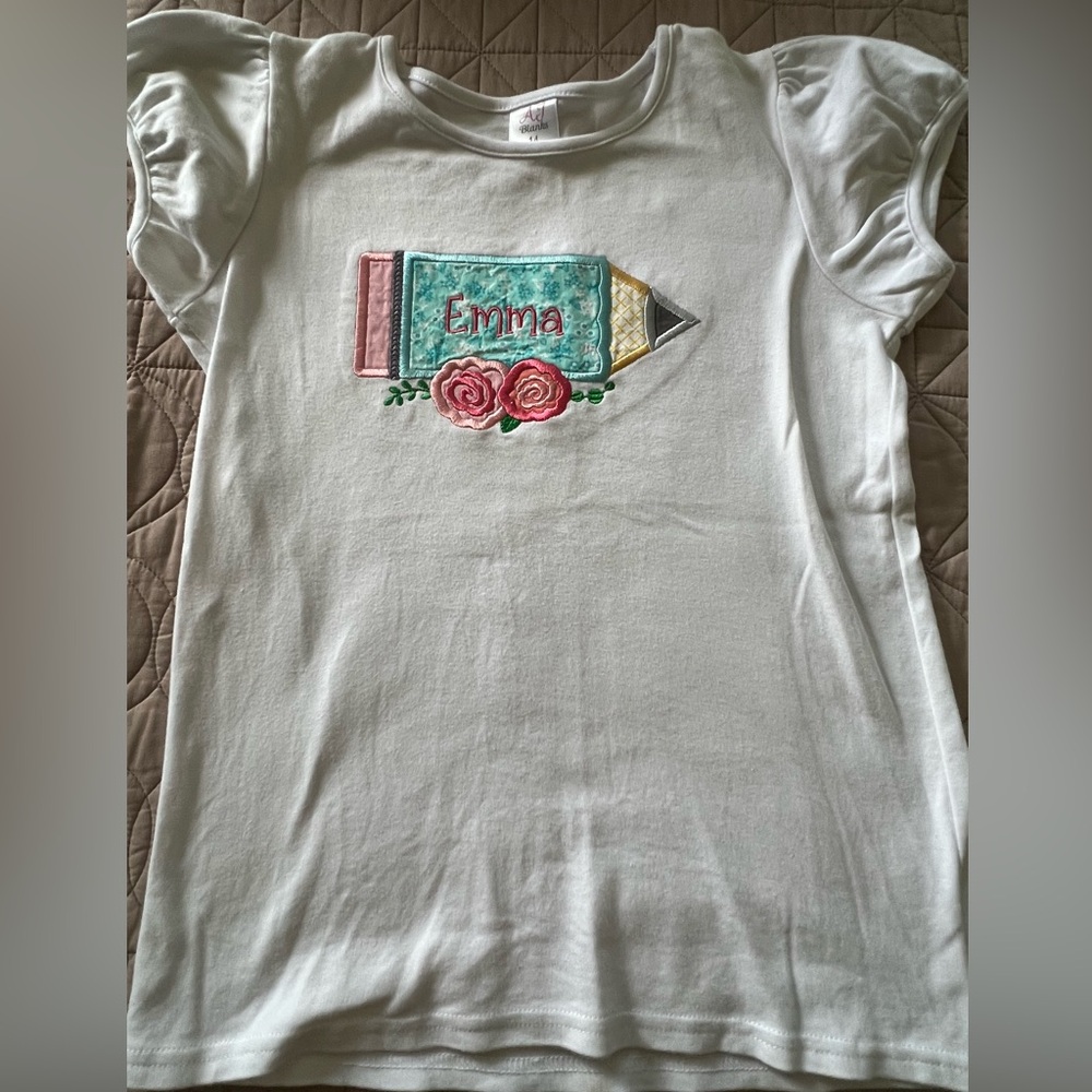 White Kids Personalized Shirt with Pencil and Rose Design “Emma”